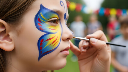 Girl getting butterfly face paint at outdoor festival event  