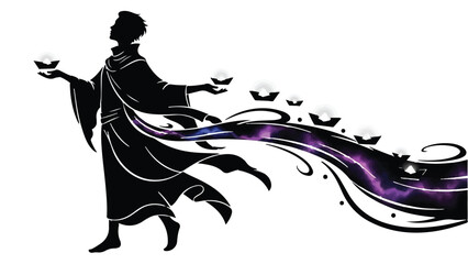 Fototapeta premium Mysterious figure releasing sparkling orbs of light into swirling cosmic energy, symbolizing creation or magic.