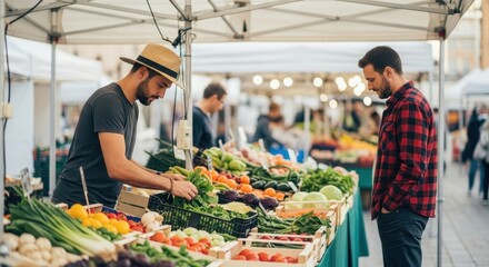 Man selecting fresh vegetables at a bustling farmers market