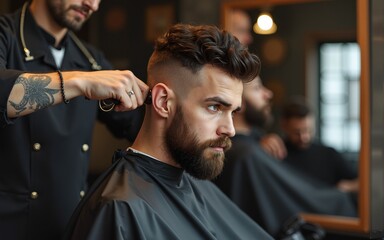 Serious man cutting hair. High quality