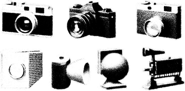 Camera silhouettes in vintage style. Hand-drawn black outline vector illustration set for artistic or graphic purposes.