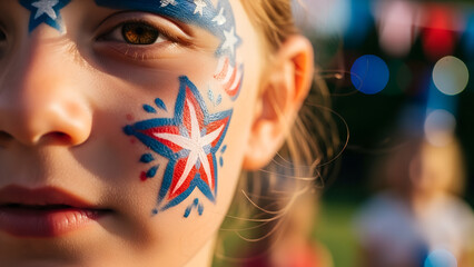 Fototapeta premium Girl with painted face showing stars and stripes during celebration 