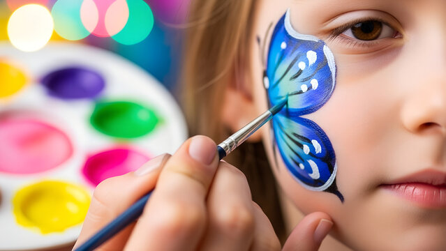 Girl getting butterfly face paint applied with colorful palette in background  