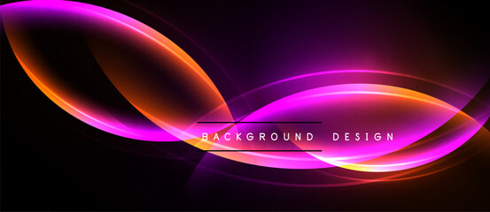 Abstract neon lines create dynamic curves. Vibrant magenta, orange hues contrast dark background. Modern design element for digital projects.