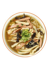 Traditional Chinese Hot Soup with Ham, Mushrooms and Golden Broth