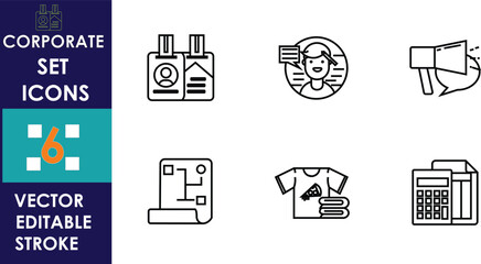 Minimal corporate icon set featuring ID badges, customer support, megaphone, blueprint, branded merchandise, and calculator graphics, designed with clean editable stroke vector style