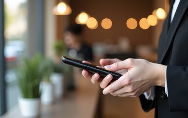 Customer paying with a phone. High quality