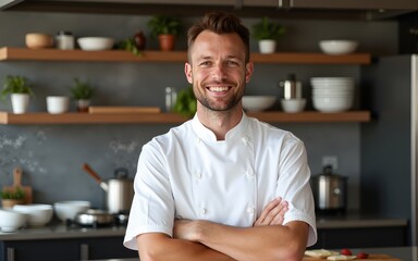 Portrait of smiling caucasian male chef with arms crossed standing in kitchen at cooking school. High quality