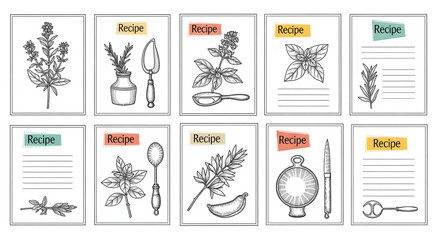 Culinary Herb Recipe Cards: A meticulously illustrated set of recipe cards showcases an array of fresh culinary herbs, offering a visual guide to flavoring culinary creations.