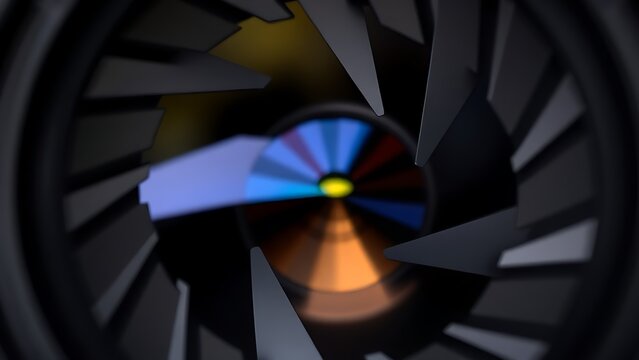 fstop. Close-up of camera aperture blades forming a geometric pattern. product launch decks, UI/UX mockups, designed for data visualization dashboards and holographic UIs.