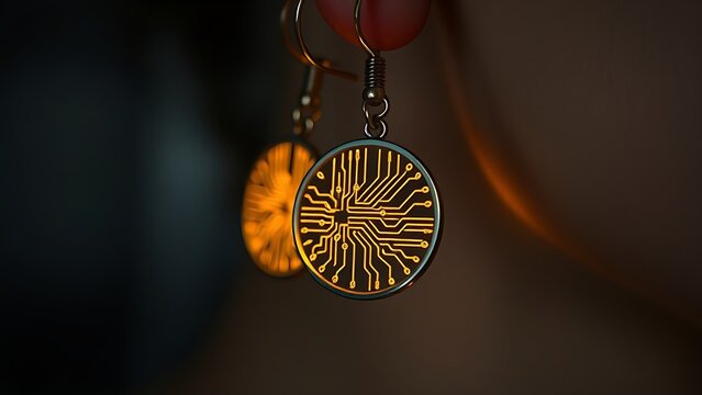 materialization. Elegant minimalist earrings with glowing embedded circuit pattern, fusion of fashion and technology. symbolizing technological progress and responsible innovation.