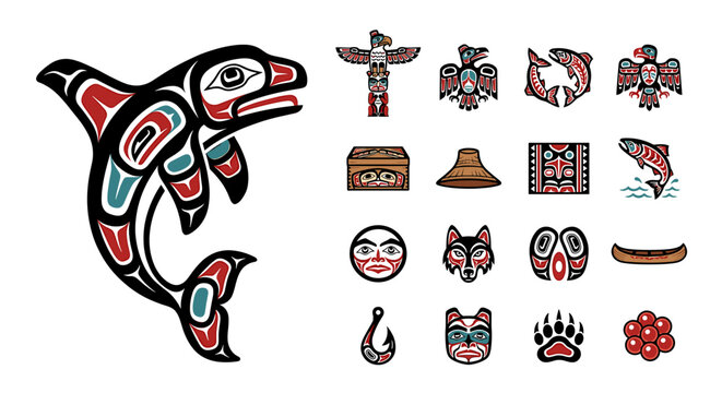 Collection of Native American Northwest Coast art icons, including a killer whale, totem pole, and other traditional symbols.