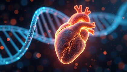 Futuristic digital heart with glowing DNA helix structure. Medical breakthrough in genetic heart disease research. Science and tech innovation for better life.