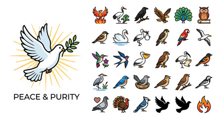 Obraz premium A collection of various bird illustrations, including a dove with an olive branch.