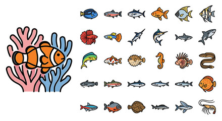 Cartoon illustration showing a clownfish near coral, alongside a variety of other fish species icons.