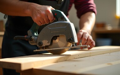 Closeup of Chip Saw in Bright Carpenter Workshop. High quality