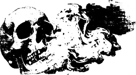 Skull graphic illustration in black and white. Distressed texture with smoke effects, a unique design in vector format for a gothic-style illustration.