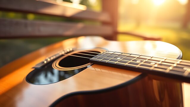 chord. An acoustic guitar resting on a wooden bench, highlighted by warm sunlight and soft focus. tutorial guides, club newsletters, designed for tourism and weekend activity guides.