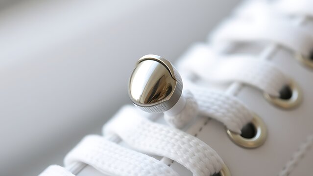 osmium. Polished metal aglet at the end of a white shoelace with metallic texture. lifestyle magazines, social media lookbooks, designed for lifestyle magazines and social media content.