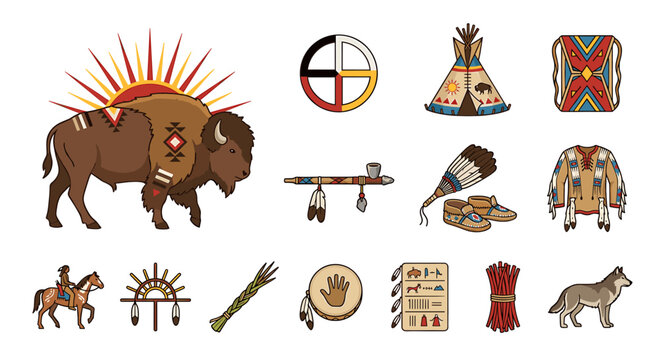 Collection of illustrated Native American cultural symbols and icons, isolated.