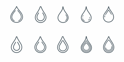 Set of ten different water drop line icons with minimalist editable stroke style for liquid, moisture, and hydration design elements in vector format