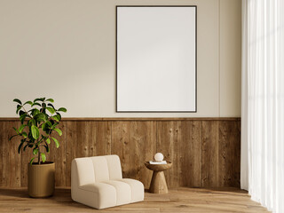 Warm Modern Bedroom Interior with Large Blank Wall Frame, Neutral Bedding, Wooden Side Tables and Natural Sunlight – Artwork Mockup