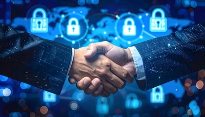 Business executives shaking hands with a global digital security network overlay, symbolizing trust, partnership, and secure data exchange in the modern technological landscape