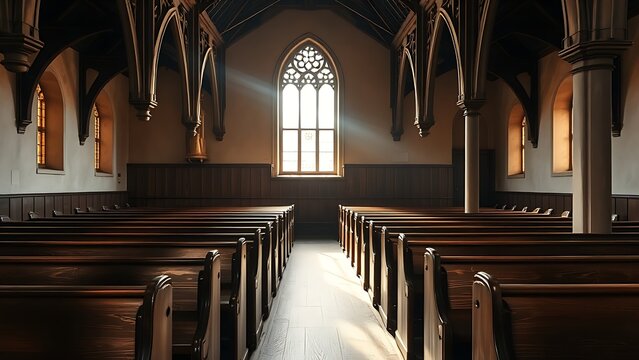 phonology. Ancient wooden church pews in rows, light from stained glass window. event programs, museum guides, designed for cultural heritage projects and event programs.