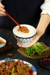 Fried Pork with Rice and Chili Peppers - Traditional Chinese Stir-Fry