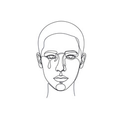 Minimalist single line drawing of a crying womans face.
