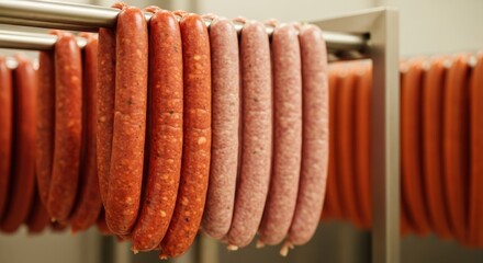 Fresh sausages hanging in a butcher shop display closeup