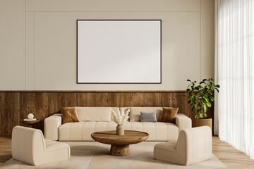 Minimalist Living Room Interior with Large Central Wall Frame, Beige Sofa, Wooden Coffee Table and Natural Light – Artwork Mockup Template