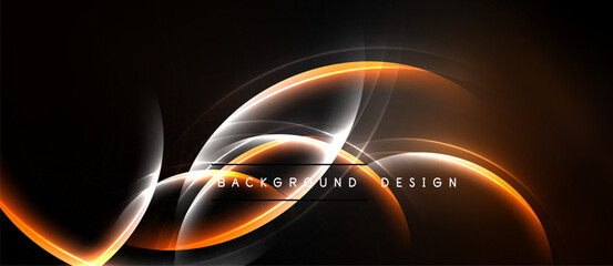 Abstract orange lines form dynamic curves. White glows highlight shapes against dark background. Modern design element.