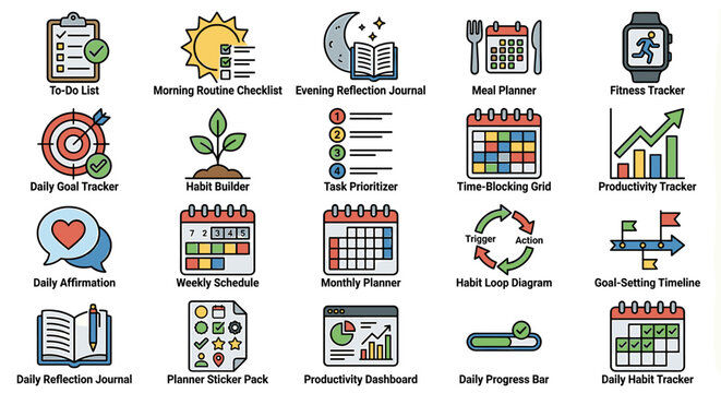 A collection of colorful icons representing various planning and productivity tools, including checklists, calendars, and trackers.