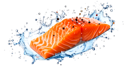 鮮やかなサーモン切り身が際立つ立体的で食欲を誘うビジュアル｜背景なし・透過PNG・コピースペース