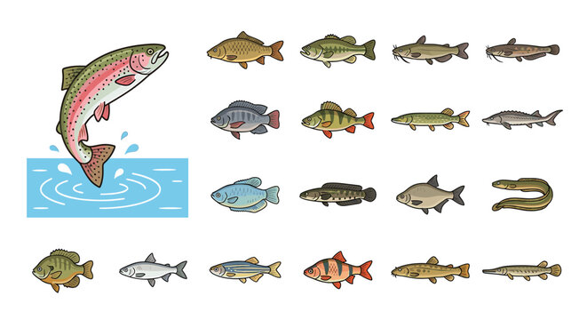 Illustration showing a variety of freshwater fish species, including a rainbow trout jumping out of the water.