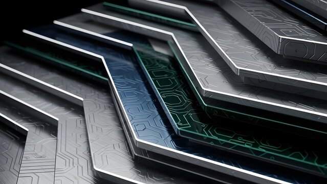 Metallic origami terraces with anodized accents.
