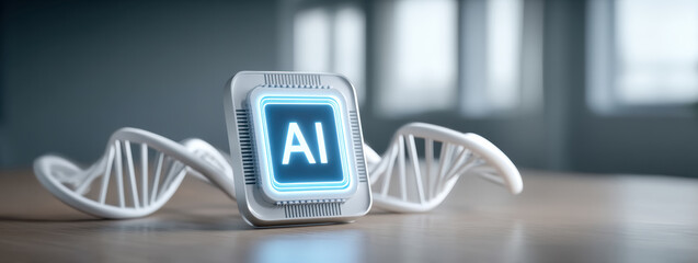 AI healthcare chip on wooden table with DNA strand background calm futuristic scene