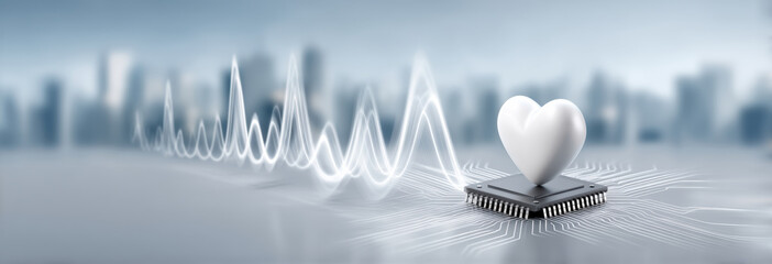 Ai healthcare heart shaped icon on microchip with pulse waveform in futuristic cityscape