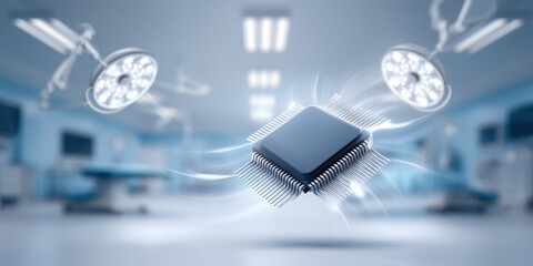 Ai healthcare microchip concept modern surgical suite with glowing data flow and clinical light