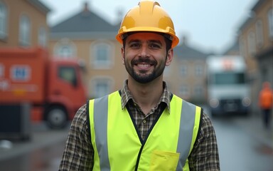 Construction worker in reflective vest and safety helmet Generative AI image. High quality
