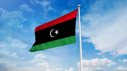 Realistic close-up of the Libya flag waving on a tall flagpole under a bright sky with soft scattered clouds, showing smooth wind motion, vivid colors, and a strong atmosphere of national pride.
