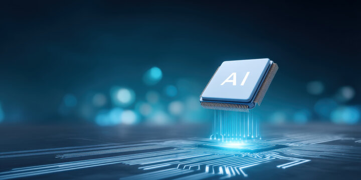 Ai healthcare chip hovering above circuit board glowing with futuristic blue light and data flow
