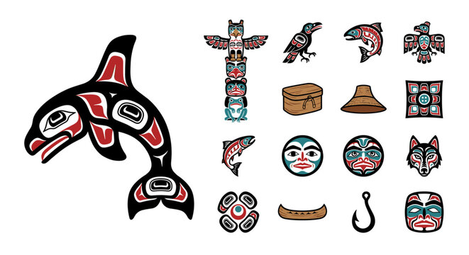 A collection of stylized Native American art icons and symbols, isolated on white.