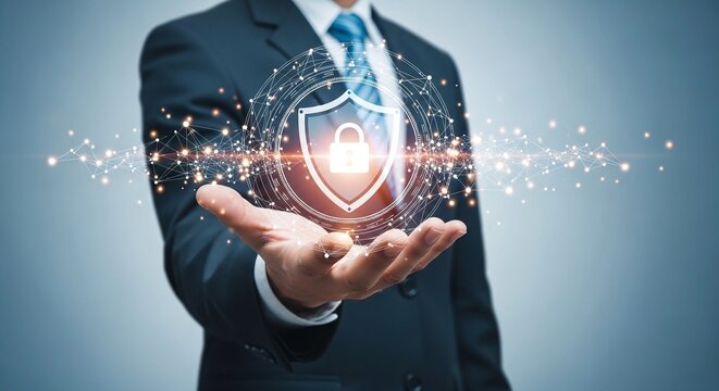 A businessman in a suit holds a glowing shield with a padlock in his hand, symbolizing cybersecurity and data protection in the digital age