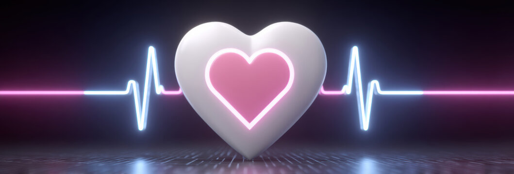 Ai healthcare glowing heart with neon heartbeat line showing medical care and compassion