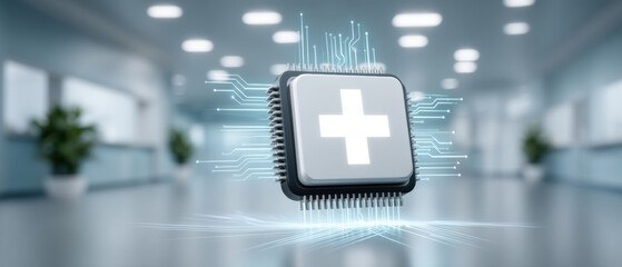 Ai healthcare microchip with glowing medical cross in clinical lab setting bright futuristic cure