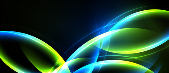 Abstract flowing lines, vibrant blue, green hues. Dark background creates dramatic visual impact. Modern design, energy, movement.
