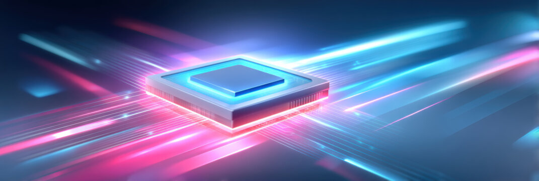 Ai healthcare glowing microchip on neon circuit with futuristic data speed and dynamic light
