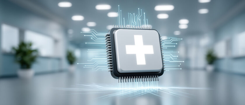 Ai healthcare microchip with glowing medical cross in clinical lab setting bright futuristic cure